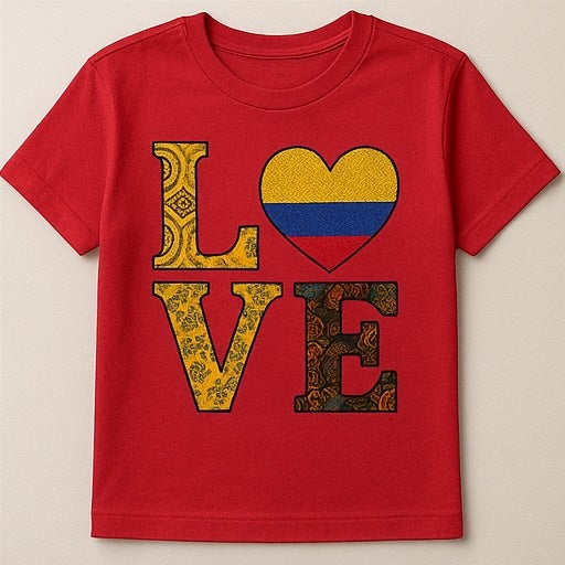Unisex CUSTOM Red T-Shirt w/ LOVE Emblem feat. Colombian Flag-Colored Heart - Delightful Couture