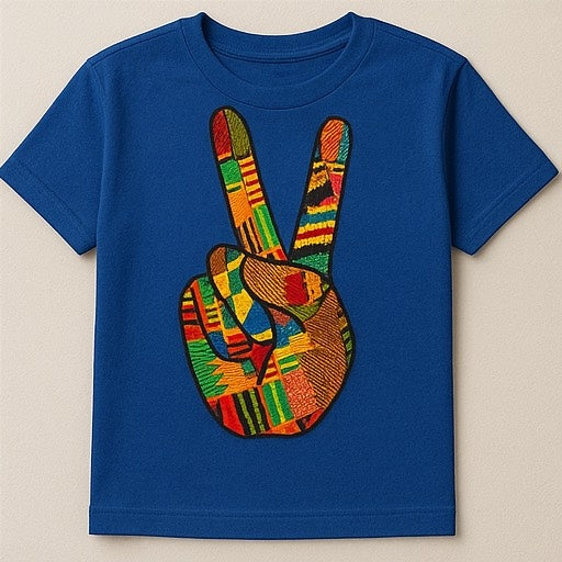 Unisex CUSTOM Blue T-Shirt w/ Ghanian-Patterned Peace Sign Design - Delightful Couture