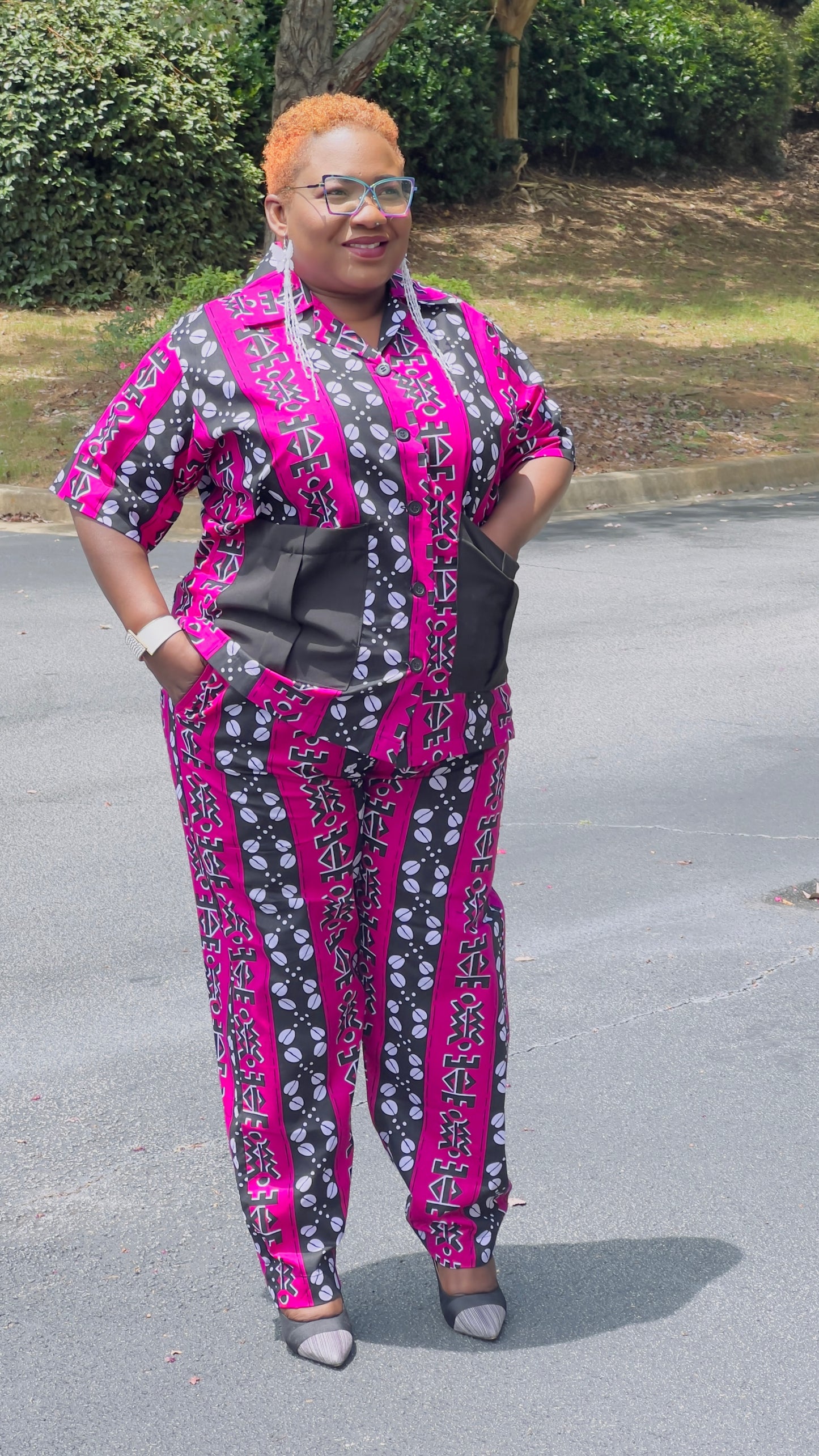 Women's Ankara Pink Patterned 2-Piece Set w/ Front Pockets