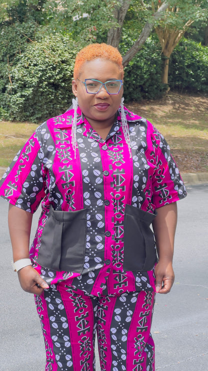 Women's Ankara Pink Patterned 2-Piece Set w/ Front Pockets