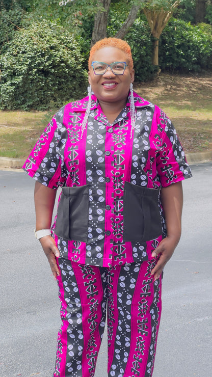 Women's Ankara Pink Patterned 2-Piece Set w/ Front Pockets
