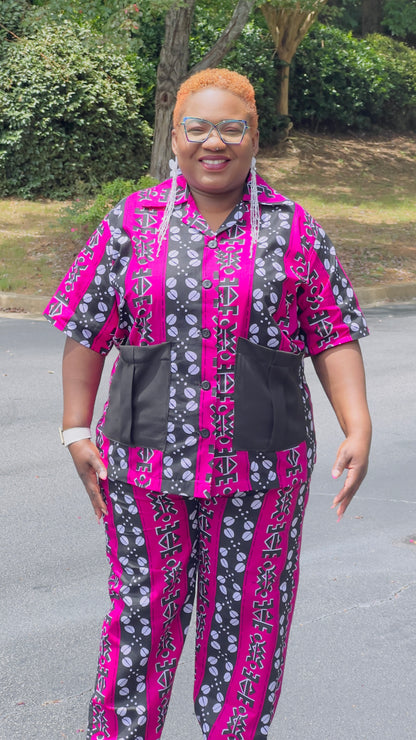 Women's Ankara Pink Patterned 2-Piece Set w/ Front Pockets