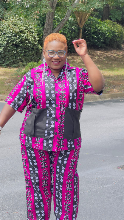 Women's Ankara Pink Patterned 2-Piece Set w/ Front Pockets