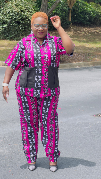 Women's Ankara Pink Patterned 2-Piece Set w/ Front Pockets