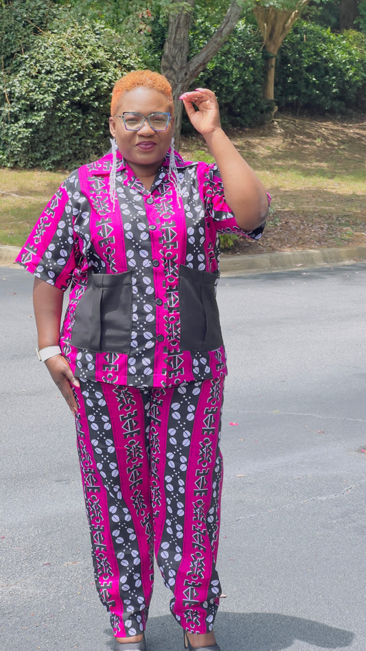 Women's Ankara Pink Patterned 2-Piece Set w/ Front Pockets