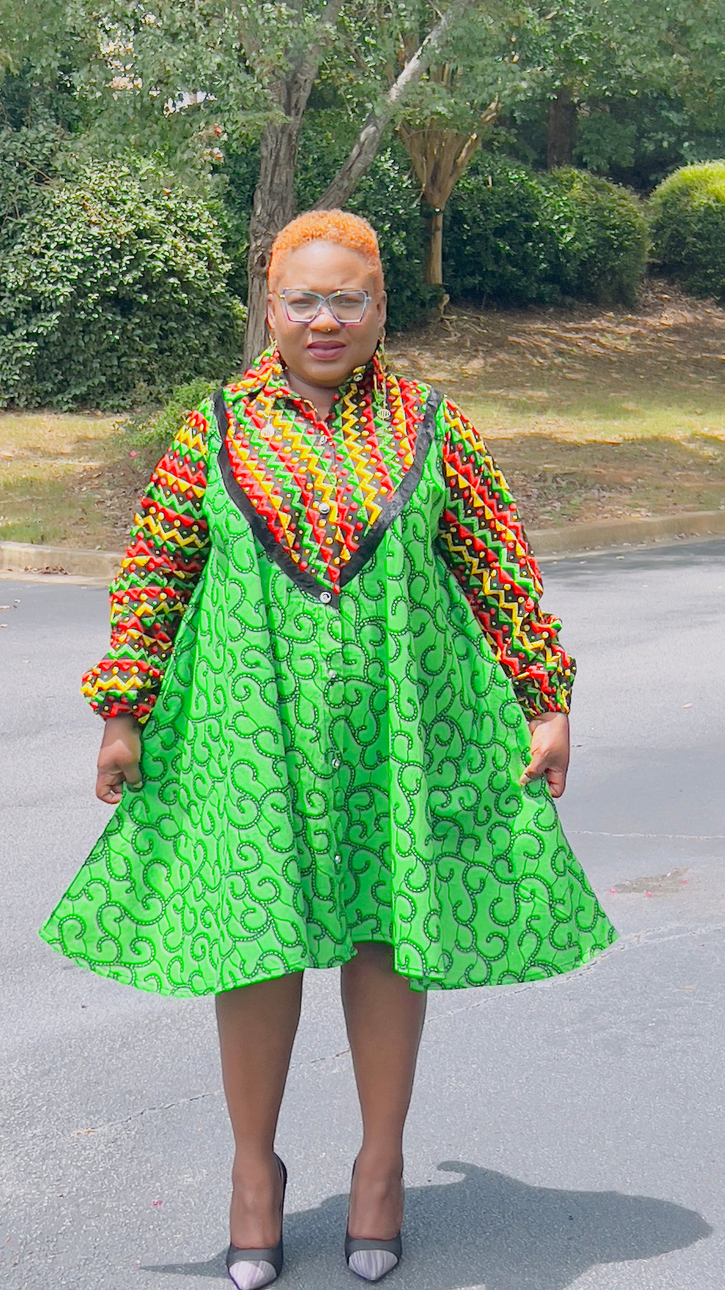Women's Ankara Multi-Colored Pattern Dress w/ Front Pockets