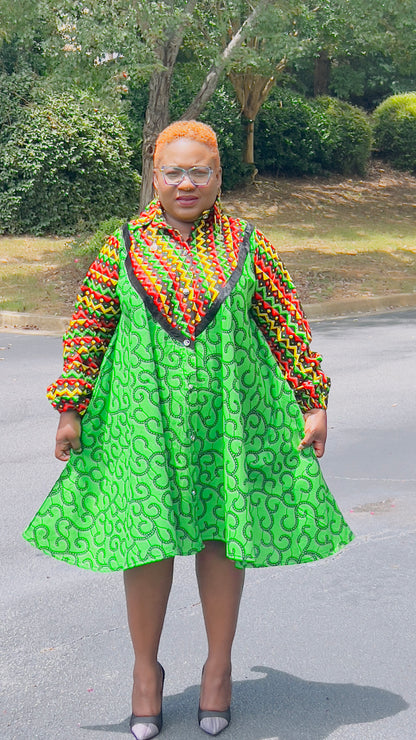 Women's Ankara Multi-Colored Pattern Dress w/ Front Pockets