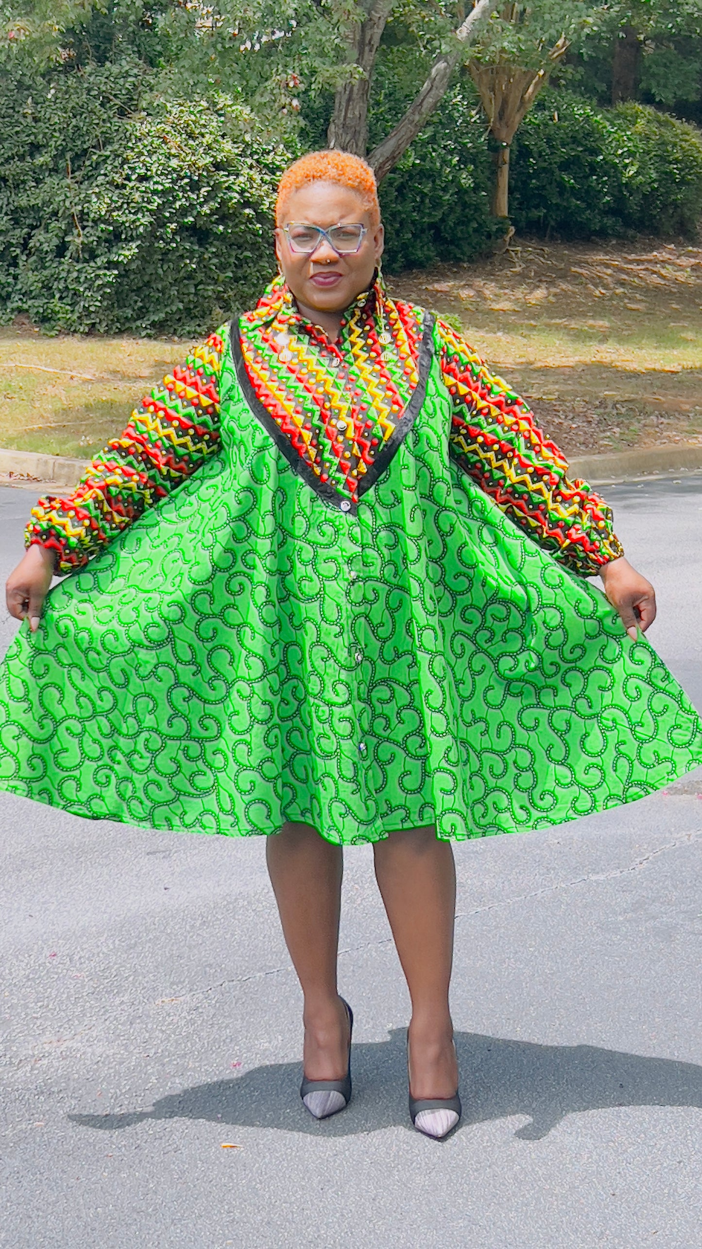 Women's Ankara Multi-Colored Pattern Dress w/ Front Pockets