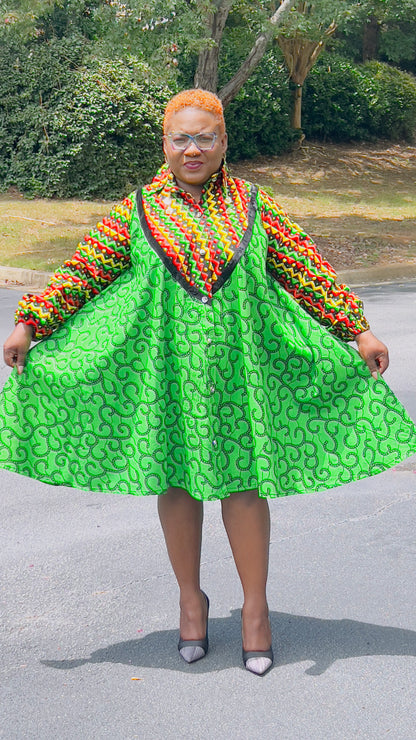 Women's Ankara Multi-Colored Pattern Dress w/ Front Pockets