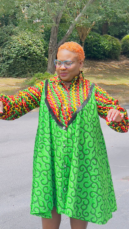 Women's Ankara Multi-Colored Pattern Dress w/ Front Pockets