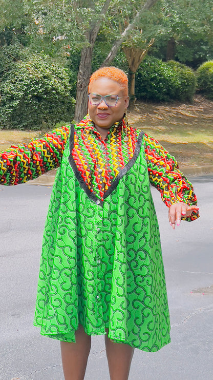 Women's Ankara Multi-Colored Pattern Dress w/ Front Pockets