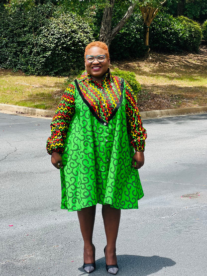Women's Ankara Multi-Colored Pattern Dress w/ Front Pockets