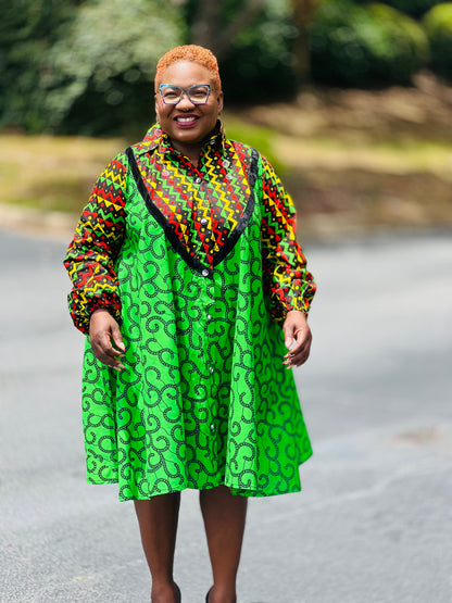 Women's Ankara Multi-Colored Pattern Dress w/ Front Pockets