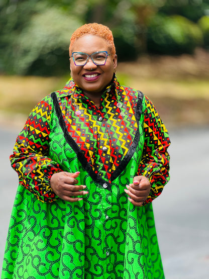 Women's Ankara Multi-Colored Pattern Dress w/ Front Pockets