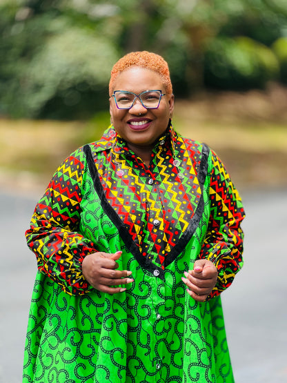 Women's Ankara Multi-Colored Pattern Dress w/ Front Pockets
