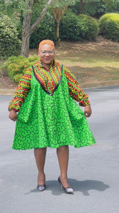 Women's Ankara Multi-Colored Pattern Dress w/ Front Pockets