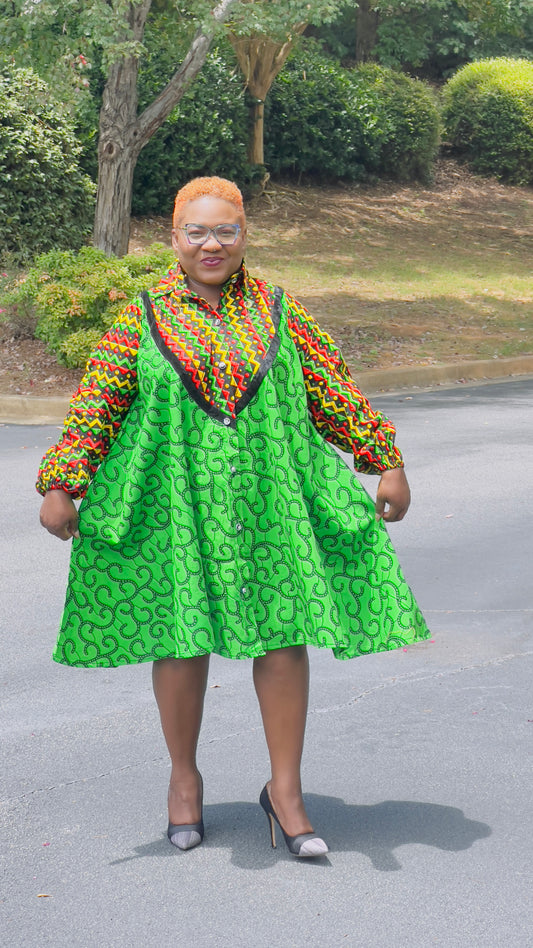 Women's Ankara Multi-Colored Pattern Dress w/ Front Pockets
