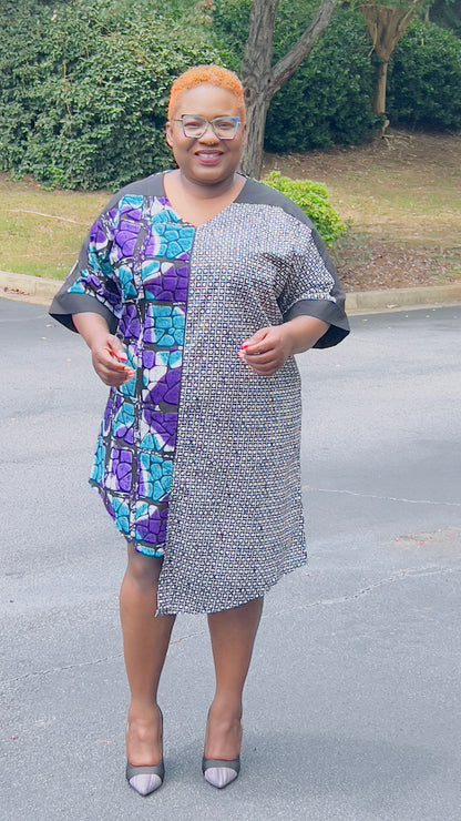 Women's Ankara Geometric/Abstract Patterned Dress w/ Front Pockets