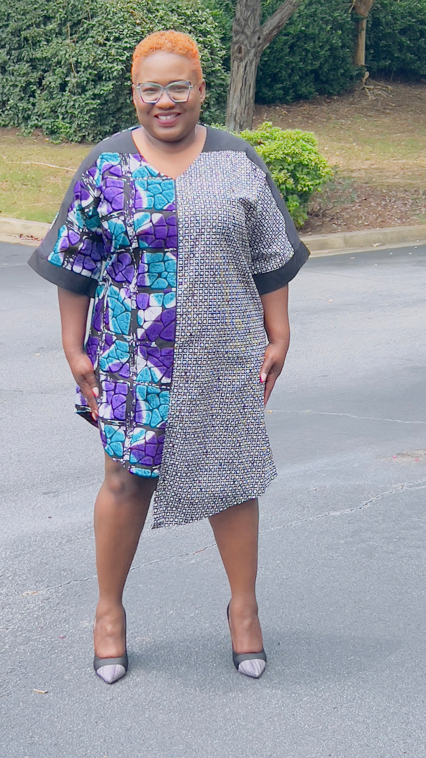 Women's Ankara Geometric/Abstract Patterned Dress w/ Front Pockets