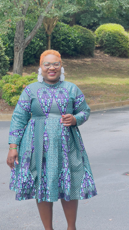 LIMITED EDITION Glitter Ankara Blue+Purple Ocean-Styled Women's Dress w/ Front Pockets