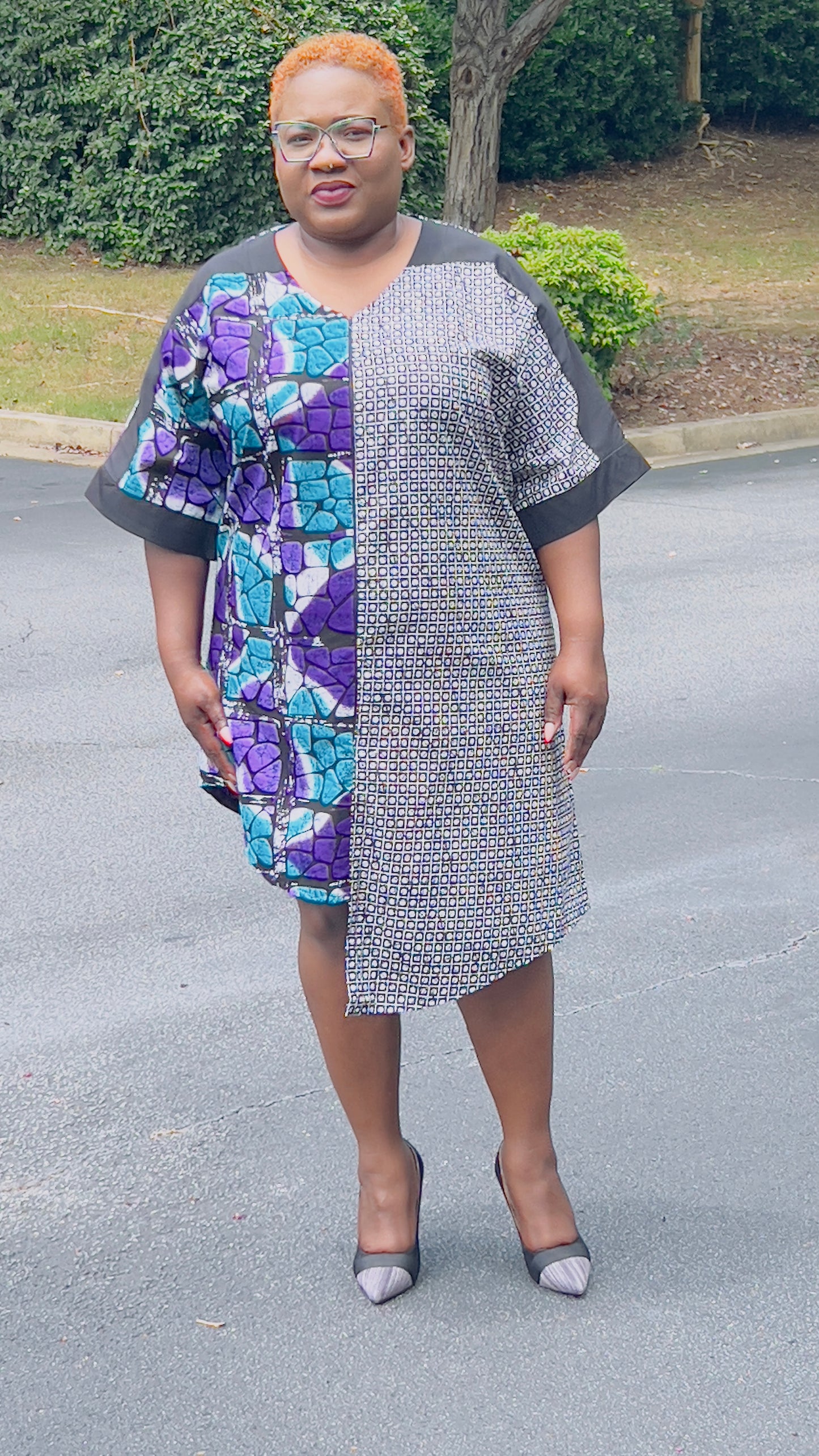 Women's Ankara Geometric/Abstract Patterned Dress w/ Front Pockets