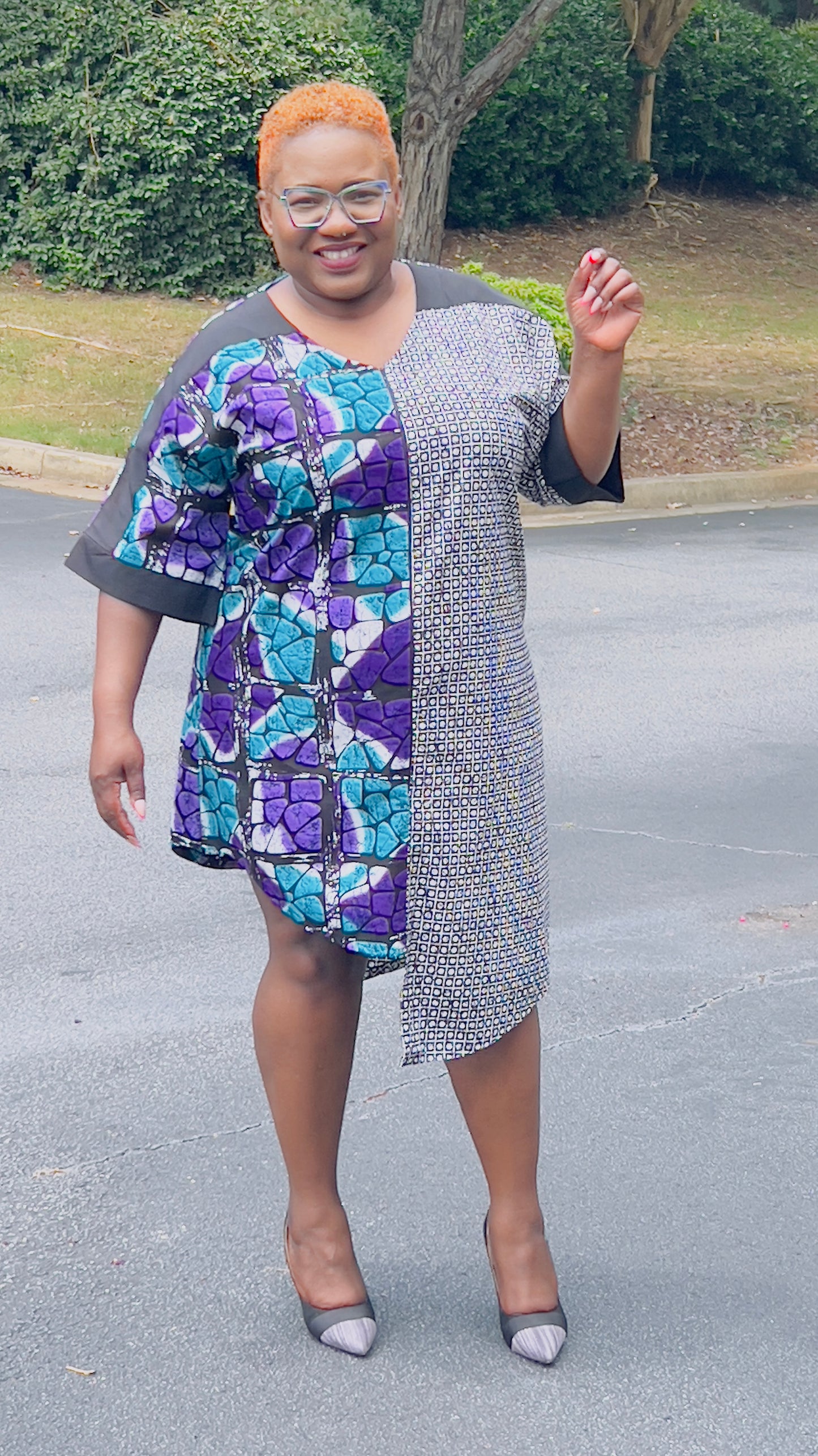 Women's Ankara Geometric/Abstract Patterned Dress w/ Front Pockets