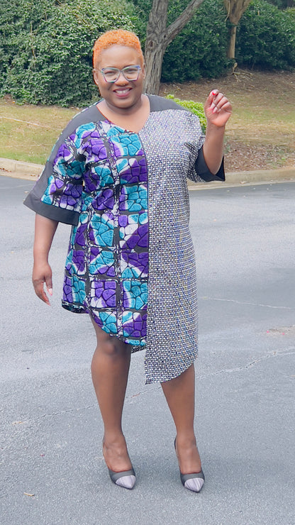 Women's Ankara Geometric/Abstract Patterned Dress w/ Front Pockets
