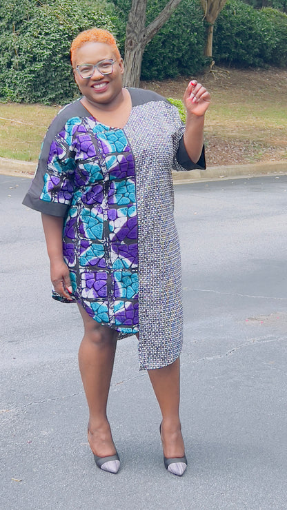 Women's Ankara Geometric/Abstract Patterned Dress w/ Front Pockets
