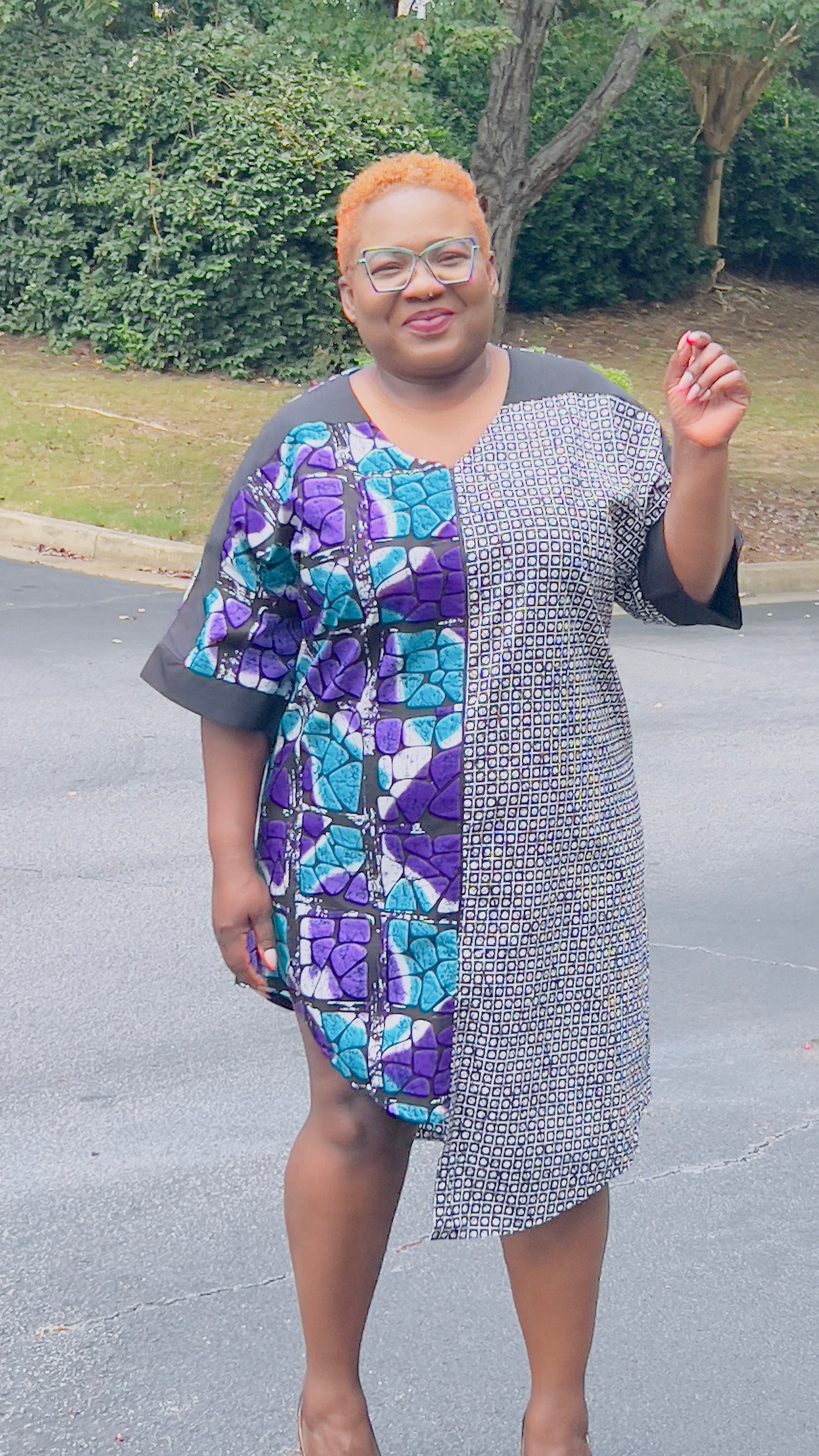 Women's Ankara Geometric/Abstract Patterned Dress w/ Front Pockets