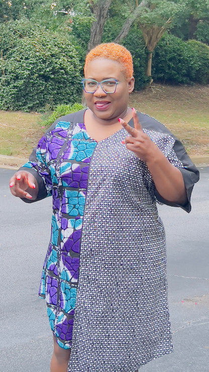 Women's Ankara Geometric/Abstract Patterned Dress w/ Front Pockets