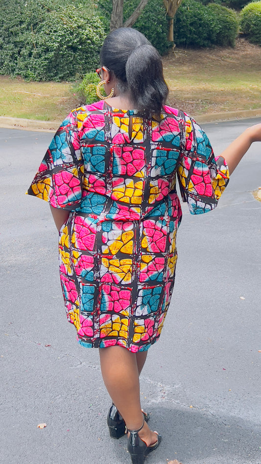 Women's Ankara Multi-Colored Blocky Pattern Dress w/ Front Pockets
