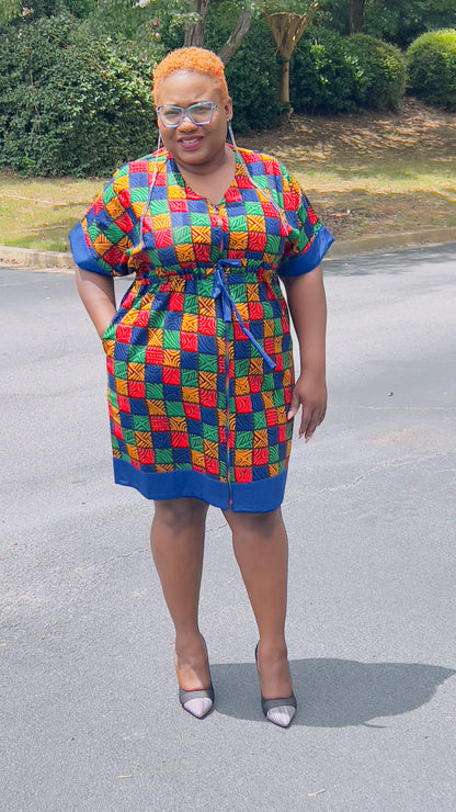Women's Ankara Multi-Colored Tiled Pattern Dress w/ Front Pockets