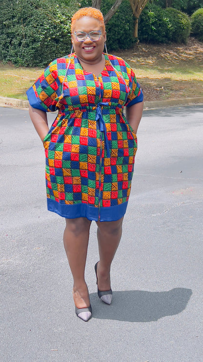 Women's Ankara Multi-Colored Tiled Pattern Dress w/ Front Pockets