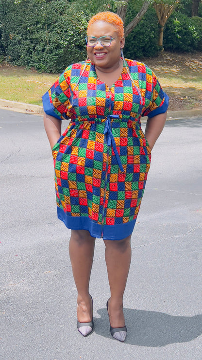 Women's Ankara Multi-Colored Tiled Pattern Dress w/ Front Pockets