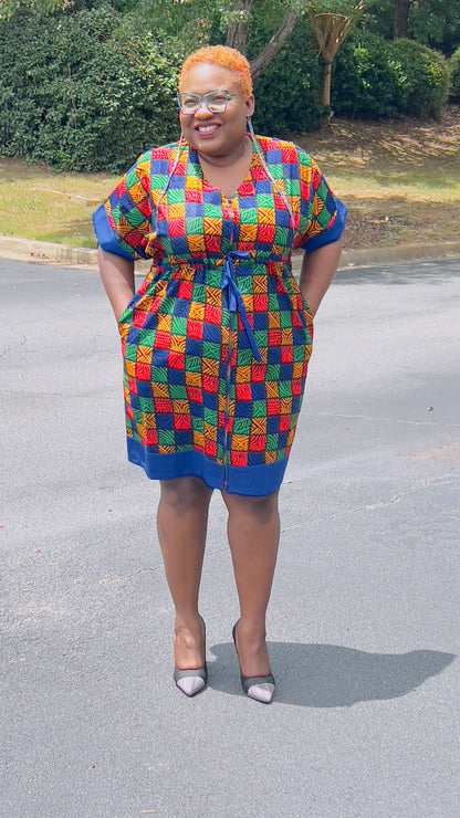 Women's Ankara Multi-Colored Tiled Pattern Dress w/ Front Pockets