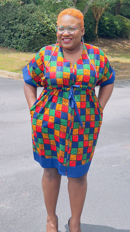 Women's Ankara Multi-Colored Tiled Pattern Dress w/ Front Pockets