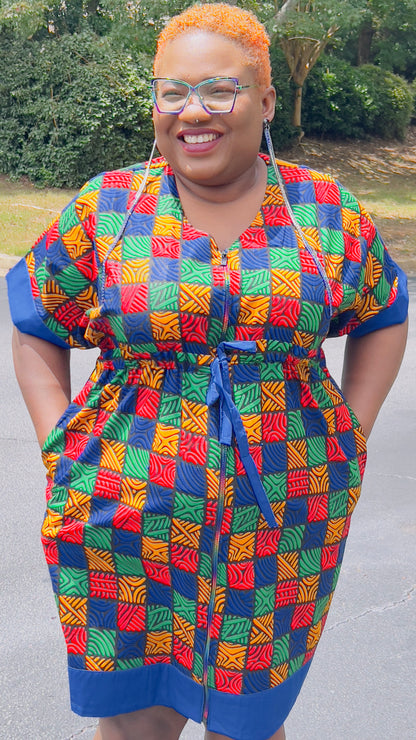Women's Ankara Multi-Colored Tiled Pattern Dress w/ Front Pockets