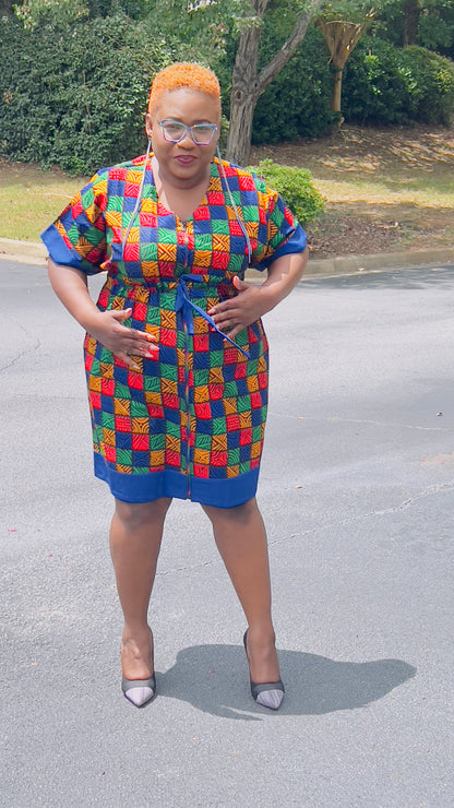 Women's Ankara Multi-Colored Tiled Pattern Dress w/ Front Pockets