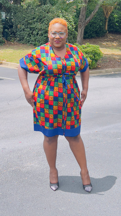 Women's Ankara Multi-Colored Tiled Pattern Dress w/ Front Pockets