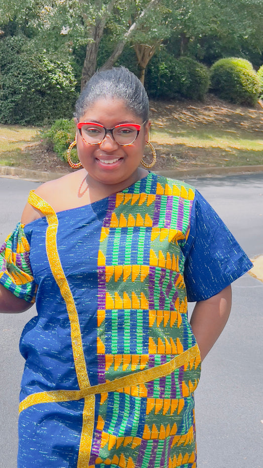 Women's Ankara Blue & Yellow Abstract Patterned Dress w/ Short Sleeves