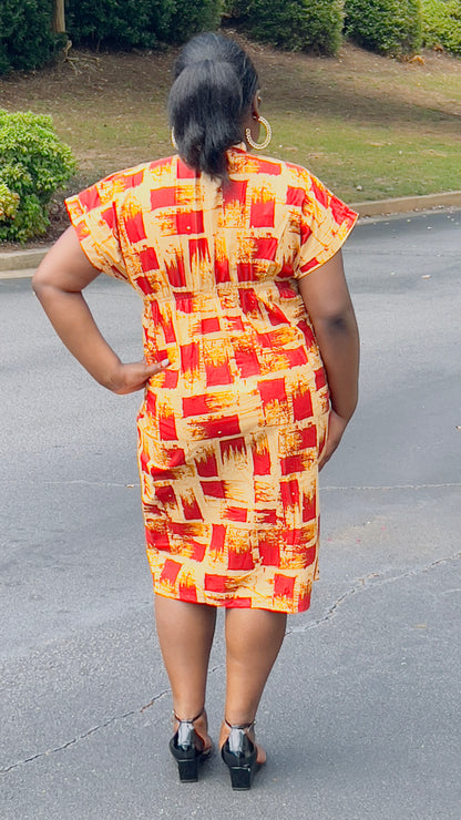 Women's Ankara Beige & Red-Stained Dress w/ Short Sleeves