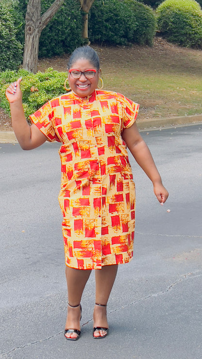 Women's Ankara Beige & Red-Stained Dress w/ Short Sleeves