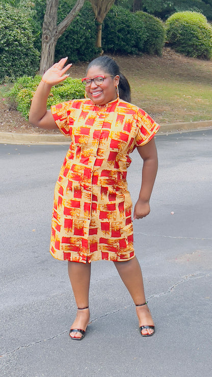 Women's Ankara Beige & Red-Stained Dress w/ Short Sleeves