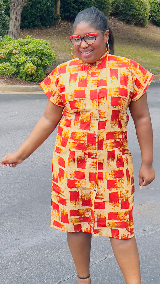 Women's Ankara Beige & Red-Stained Dress w/ Short Sleeves