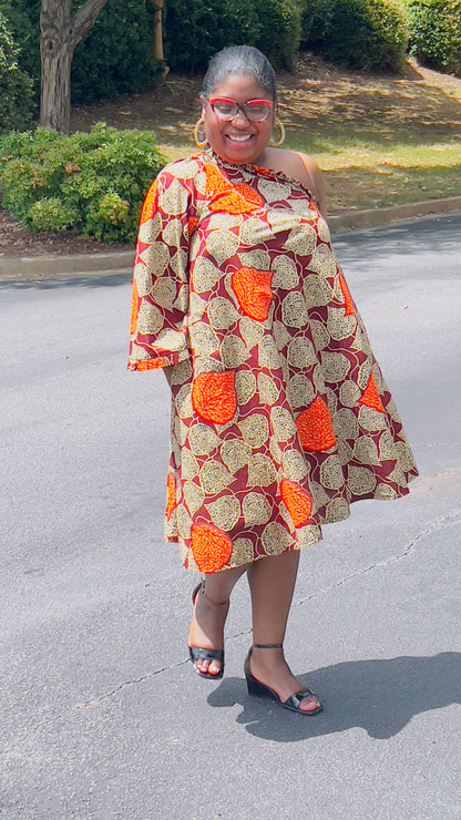 Women's Ankara Red & Bright Orange Leaf Design Dress w/ Short Sleeves