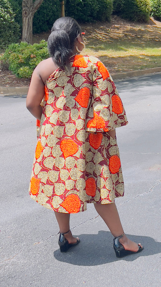 Women's Ankara Red & Bright Orange Leaf Design Dress w/ Short Sleeves