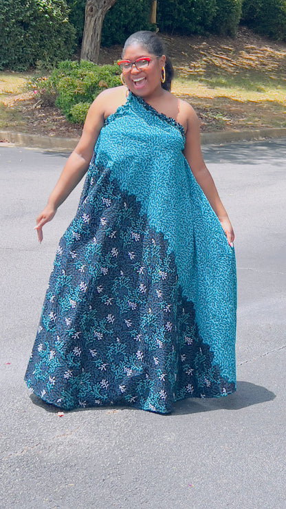 Women's Ankara Turquoise Floral Design Dress w/ Sleeveless Shoulders
