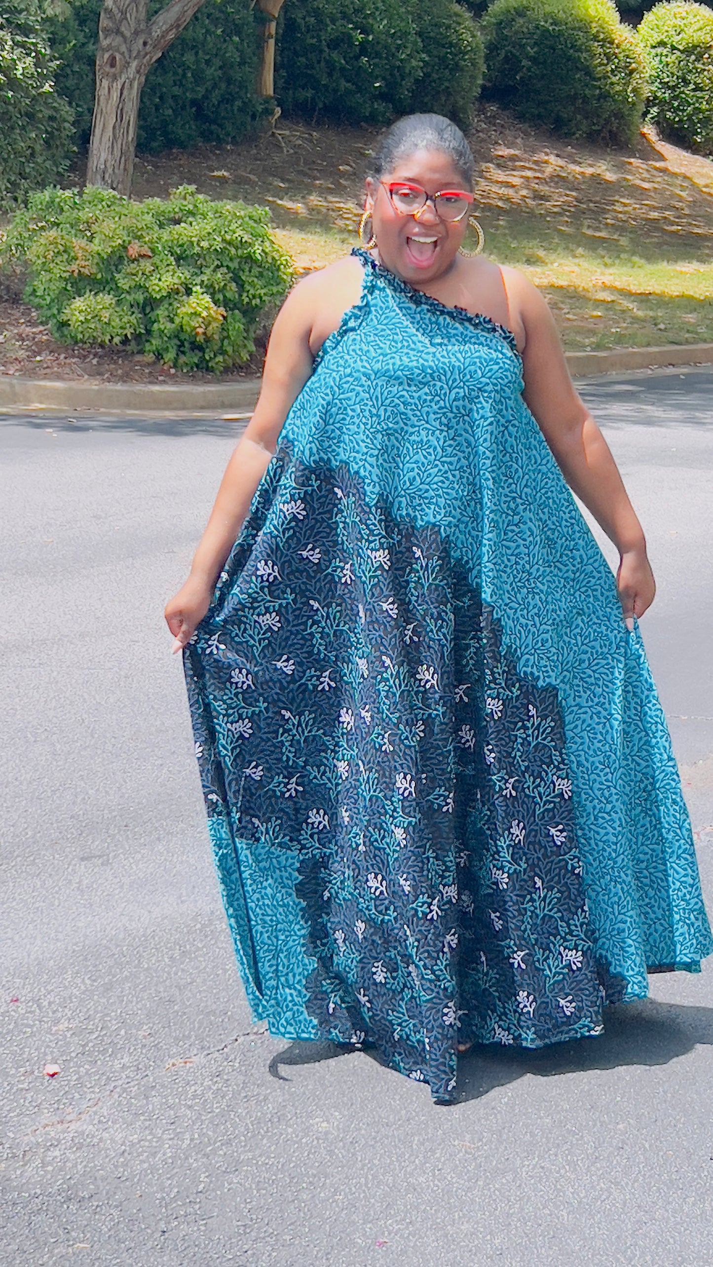 Women's Ankara Turquoise Floral Design Dress w/ Sleeveless Shoulders