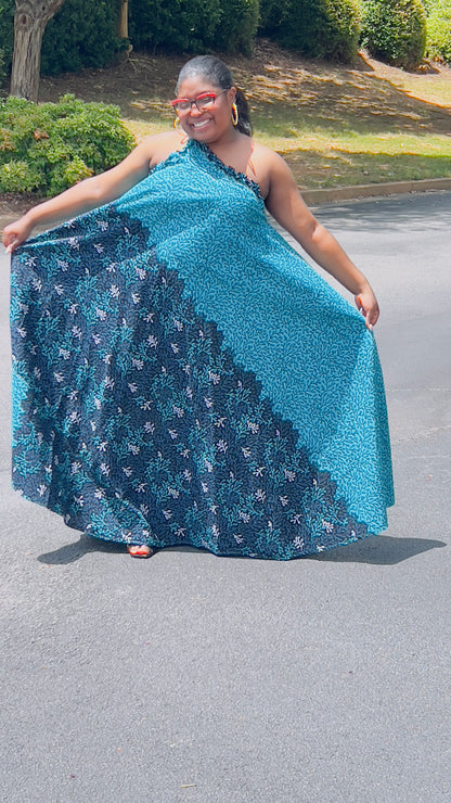 Women's Ankara Turquoise Floral Design Dress w/ Sleeveless Shoulders