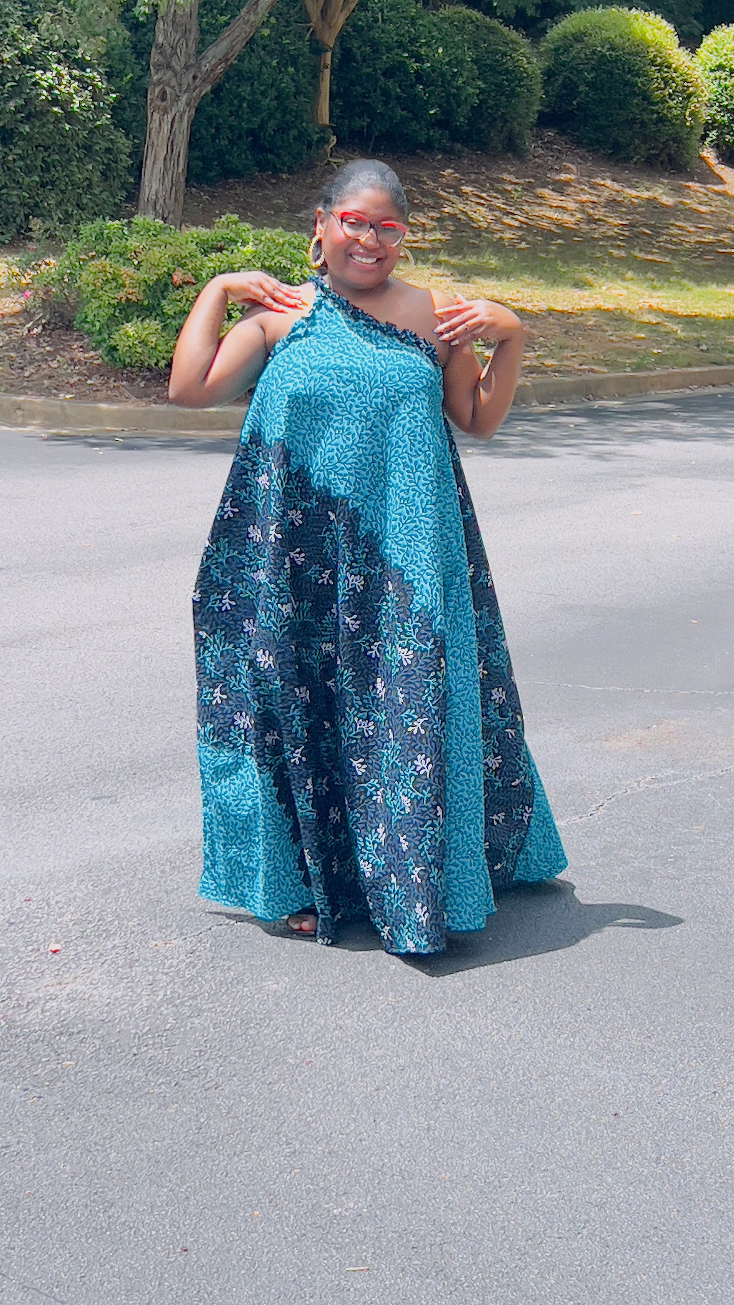 Women's Ankara Turquoise Floral Design Dress w/ Sleeveless Shoulders